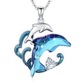 Dolphin Mother Child Necklace Women 925 Sterling Silver Blue Crystal Pendant with Heart, Sea Wave Design Sea Animal Jewellery Gift for Mother, Daughter, Wife, Sterling Silver, No Gemstone