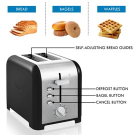 Kenmore 2-Slice Toaster Black Stainless Steel Extra Wide Slots Bagel Defrost Functions 9 Browning Levels Removable Crumb Tray for Bread Toast English Muffins Toaster Strudel