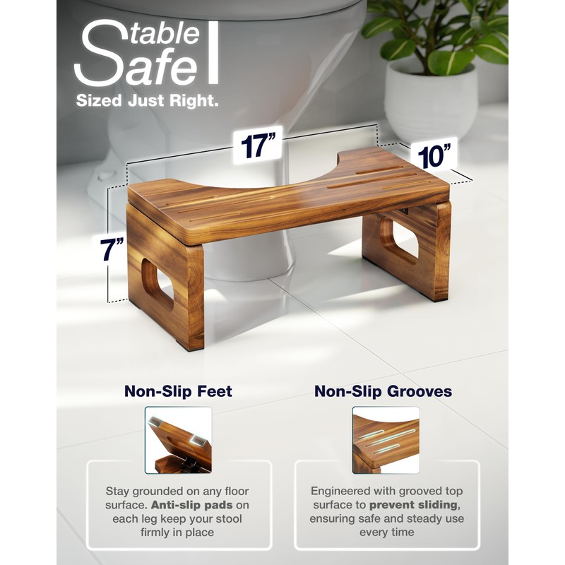 BLUEWEST Foldable Toilet Stool, Acacia Wood Poop Stool for Potty