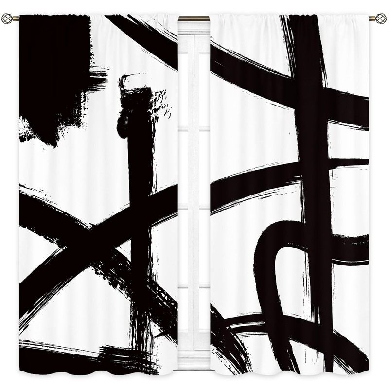 Black White Abstract Modern Geometric Living Room Bedroom Window Curtains