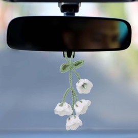 sourcing map Crochet Car Hanging Accessory, Handmade Ornament with 4 Cute Little Lily of the Valley Flowers for Car Decor Bag Keychain, White