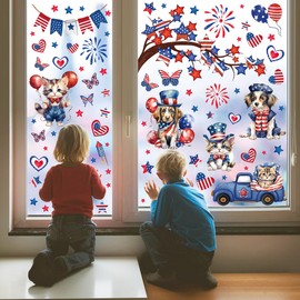 95Pcs Patriotic Window Clings Independence Day Window Stickers 9 Sheets Truck Fireworks Star Cat Dog American Flag Stickers Memorial Day Decor 4th of July Window Decals for Home School Glass Supplies