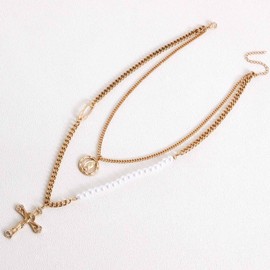 Atentuyi Layered Necklaces Gold Choker Pearl Chain Layering Chain Coin Pendant Cz Cross Necklace Flat Curb Link Chain Multilayer Collar Necklace Jewelry for Women and Girls