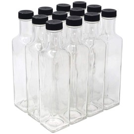 nicebottles Clear Glass Quadra Bottles, 250ml, Black Caps (8.5 Fl Oz) - Case of 12