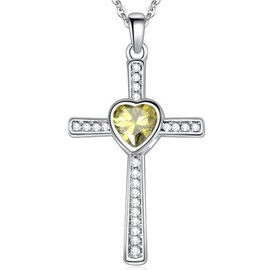 Jude Jewelers Stainless Steel Heart Shape Birthstone Cross Pendant Necklace (Aug-Peridot)