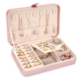 LANDICI Small Jewelry Box for Women Girls, PU Leather Travel Jewelry Case, Portable Jewelry Organizer Storage Holder Display for Ring Earrings Necklace Bracelet Women Kids Gift, Rose Gold