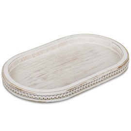 Hanobe Decorative Serving Tray Wood: White Washed Bead Oval Tray for Coffee Table Rustic Wooden Trays Decor Farmhouse Kitchen Counter Tray Vintage Centerpiece for Living Room Home Organizer