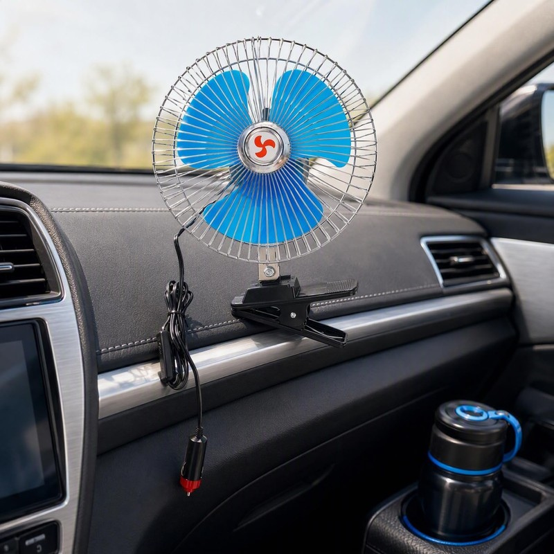 Toyvian 12v Oscillating Car Fan, 8-inch Clip-on Silent Metal Portable