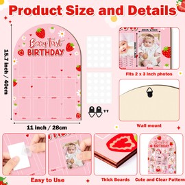 R HORSE 3D Berry First Birthday Wood Photo Display Board, Pink Strawberry Baby's First Year Picture Frame, 1-12 Months Milestone Board Birthday Decorations Keepsake Gift for Baby Girls Nursery Decor