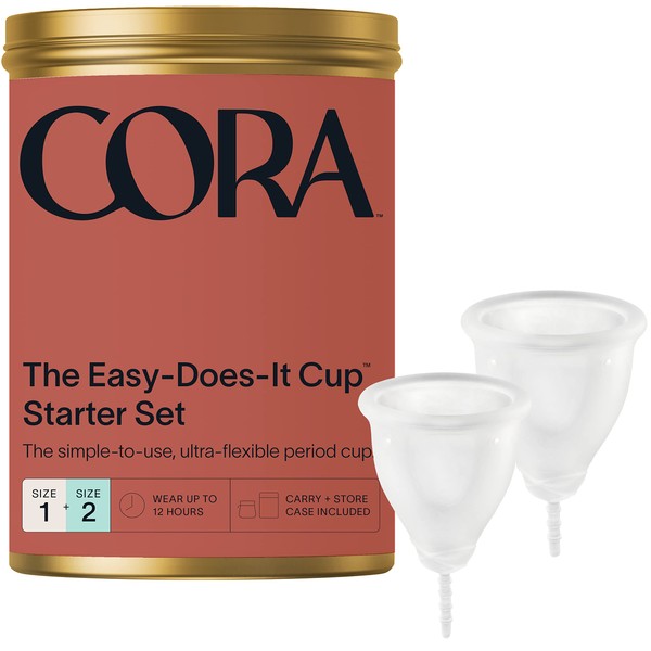 Cora Menstrual Cup Bundle, Reusable Period Cup - Ultra-Soft, Comfortable & Leak-Proof Medical Grade Silicone - Tampon and Pad Alternative (Size 1 and 2)