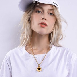 U7 Magen David With Cross Pendant Necklace For Men Jewish Magen, Bat Mitzvah Gift, Gold Plated Stainless Steel Star of David Jewellery Hexagram Israel Judaism Necklace