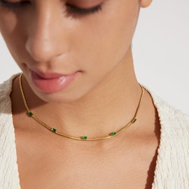 DASIQI Women Gold Titanium Steel Necklace, 16 inches, Adjustable, Herringbone Thin Chain with 5 Green Cubic Zirconia