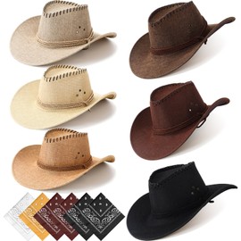 Zhanmai 12 Pieces Cowboy Hats and Bandanas Bulk Western Cowboy Cowgirl Hats Costume Party Favors(Brown Series1)