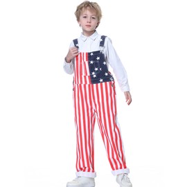 Yuanbang American Flag Overalls Pants Adjustable Straps Mens Red White And Blue Jean Coveralls 4th Of July Romper, R/M-kid, 12 Years