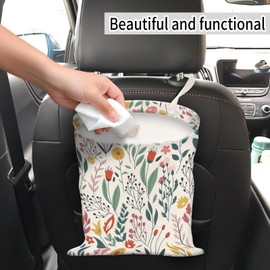 AUEKLLW Car Trash Can, Hanging Garbage Bin for Men and Women, Cute Car Organizer and Storage Bag, Canvas Vehicle Trash Can Bag Easy-to-Install Boho Red Flowers