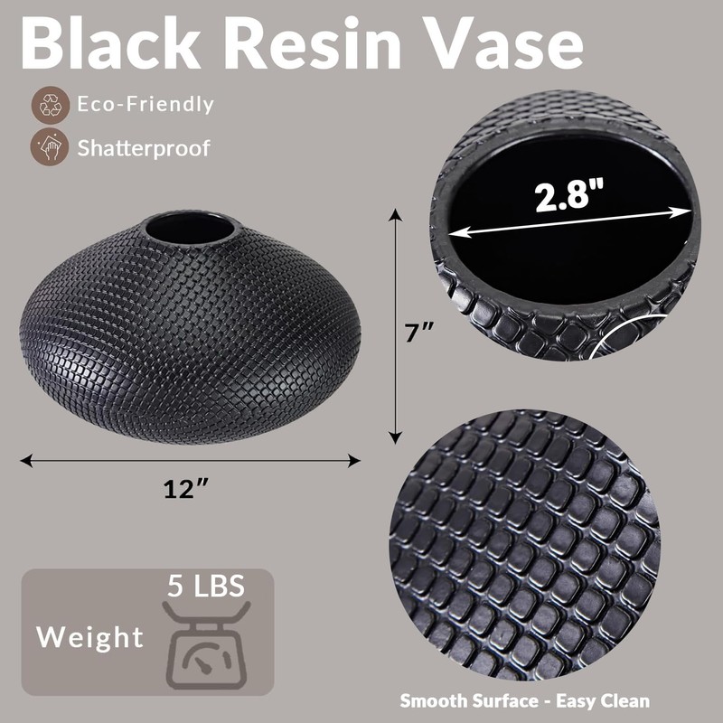 Black Vase 12" Wide Oval Shaped with Fishnet Textured -
