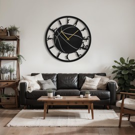 SIGNLEADER Metal Wall Clock Decor, Basketball Pose Sports Wall Art Sculpture Round Clock Silent Battery Operated Hangings Home Decoration for Living Room, Kitchen, Bathroom, Bedroom - 30" Black