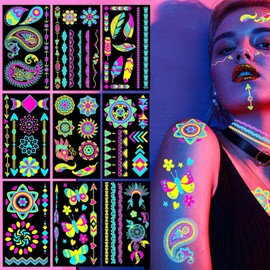 Tatuajes temporales fluorescentes (brillan con luz ultravioleta/negra), Fiesta Suministros UV Neón Tatuaje Pegatinas Rave Festival Accesorios Cara Body Paint Maquillaje Impermeable Blacklight Tatuajes Temporales Para Adultos Mujer Hombre (Tatuaje de 10 ho