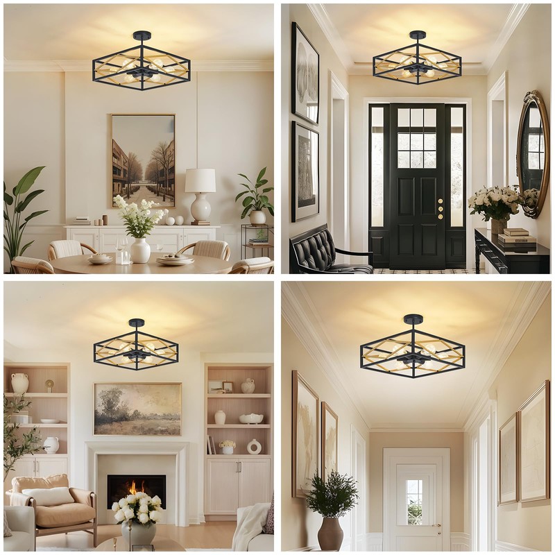 AIBISOD Semi Flush Mount Ceiling Chandelier Light Black and Gold