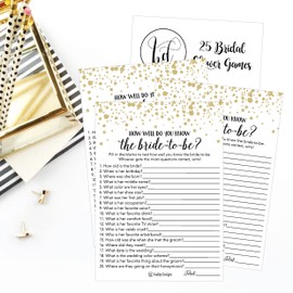 25 Black and Gold How Well Do You Know The Bride Bridal Wedding Shower or Bachelorette Party Game, Who Knows The Best, Does The Groom? Couples Guessing Question Set of Cards Pack, Printed Engagement