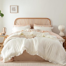 JANZAA Full Comforter Set Creamy White Ruffle Comforter with 2 Pillowcase Soft Full Size Bed Set Vintage Farmhouse Bed Comforter Set Fluffy Shabby Chic Bedding for All Season
