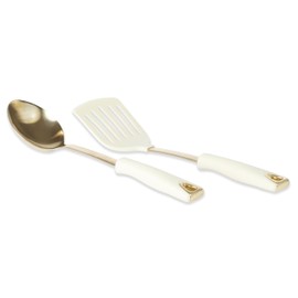 Martha Stewart Lockton 2-Piece Stainless Steel & Nylon Kitchen Slotted Turner and Spoon Set - Linen w/Gold