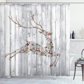 Ambesonne Deer Shower Curtain, Colorful Animal Silhouette Various Christmas Elements Wooden Planks Theme, Cloth Fabric Bathroom Decor Set with Hooks, 69" W x 70" L, Grey Multicolor