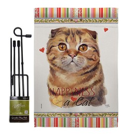 Cat Scottish Fold Happiness Garden Flag Set with Stand Animals Kitten Meow Spoiled Paw Fur Pet Nature Farm Animal Creature Small Decorative Gift Yard House Banner Double-Sided Made In USA 13 X 18.5
