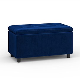 SIMPLIHOME Cosmopolitan 34 inch Wide Rectangle Lift Top Storage Ottoman in Upholstered Blue Tufted velvet fabric, Footrest Stool, Coffee Table for the Living Room, Bedroom and Kids Room, Contemporary