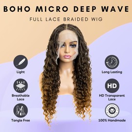 PIB 24” Single Full Lace Braid Wig – Micro Boho Deep Wave Box Braided Wig, Knotless Braided Wigs for Black Women, Curly Hair Wig (#1B27 Off Black and Light Brown)