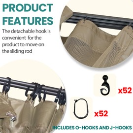 EasyLee Replacement Mesh Side Walls for 10x12 Gazebo，Pergola Mosquito Netting with 52 Rings & 52 Hooks,Khaki