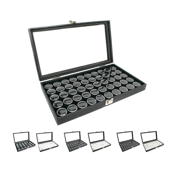 Novel Box Large Glass Top Black Leatherette Jewelry Display Case + 50 Count Jar Insert Tray in Black + Custom NB Pouch