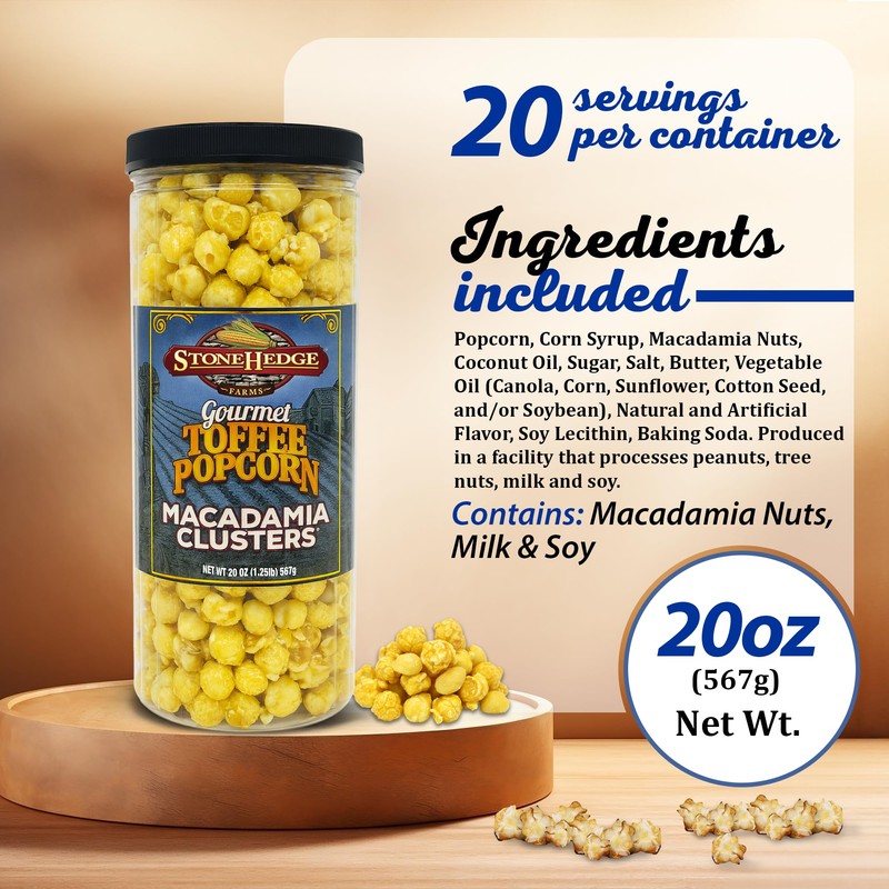 Stonehedge Farms Gourmet Toffee Popcorn Macadamia Clusters | 20 oz