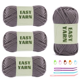 Pack of 4 Dark Grey Yarn, Crochet and Knitting Yarn for Beginners, High Visibility Meshes, Coarse, Thick Cotton/Nylon Blended Yarn, Yarn for Crochet with Crochet Accessories (4 x 50 g)