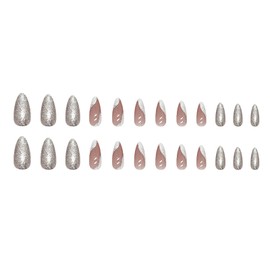 Almond Press on Nails Medium Fake Nails Silver Glitter Press on Nails Full Cover Glossy Stick on Nails Shiny Acrylic Nails Reusable Artificial Nails Jelly Press on Nails for Women and Girls 24Pcs