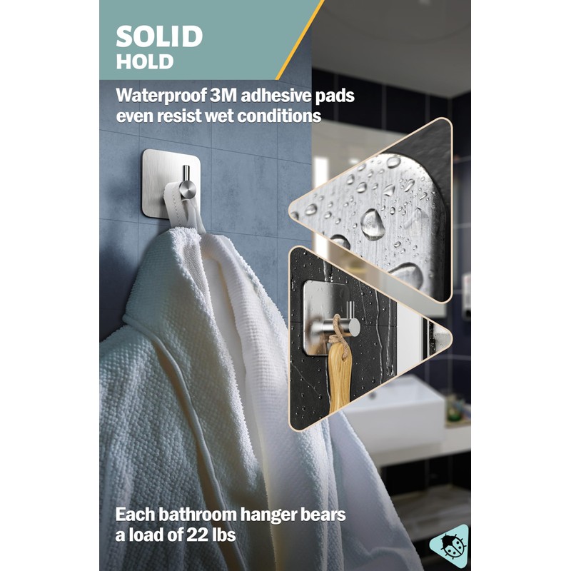 Menz 6-Pack Adhesive Towel Hooks for Bathrooms, Stainless Steel -