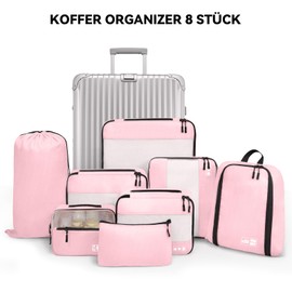 MURISE Suitcase Organiser, Pack of 8, Packing Cubes for Holidays and Travel, Packing Cubes for Suitcases, with Shoe Bag, Cosmetic Bag, Organiser System, Travel Essentials, Pink