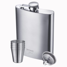 Westmark Pocket Hip Flask with Mini Funnel + 4 Cups - Practical Set for Travelling Whether Hiking or Camping - Stainless Steel 18/8, Hip Flask 236 ml, Shot Cup 30 ml 615633E6