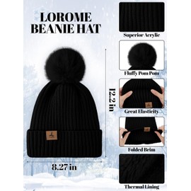 LOROME Women Winter Beanie Hat Scarf Gloves Set, Fleece Knitted Pompom Hat Warm Neck Scarf Touchscreen Gloves Winter Gift