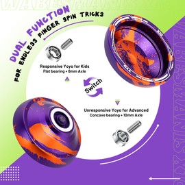 X10 Professional Trick Yoyo - Responsive & Unresponsive yo-yo for Kids, Finger Spin Metal Yoyo for Beginner with Bearing Kit + 10 Strings + Yo Yo Bag (Orange Purple)