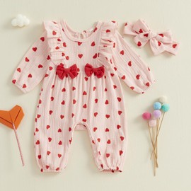 MAHUAOYIXI Infant Baby Girls Rompers Newborn Baby Girls' Bodysuits Long Sleeve Heart/Bow Print Ruffles Bowknot Full Length Jumpsuit and Headband for Baby Girl Fall Clothes Set (Red, 9-12 Months)