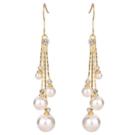 EleQueen Women's Gold-tone Crystal Simulated Pearl 4 Chain Bridal Long Dangle Hook Earrings Ivory Color