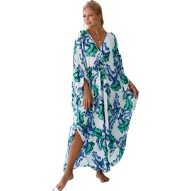 Womens Swimsuit Cover up Blue and Green Leaves Print Caftan Long Sleeve Plus Size Beach Coverups for Women Vneck Side Split Womens Beach Coverups looseweight Bathing Suit Coverup (LS-8772-30)