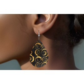 Twisted R Design Black and Gold Swirl Print Wood Dangle Teardrop Print Earrings Jewelry