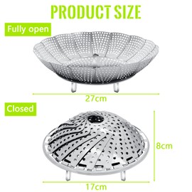 Royouzi Steamer Insert Adjustable Steamer Insert Diameter Open 27 cm Stainless Steel Steamer Steamer Insert for Cooking Pots, Vegetables Steamer Steamer Insert for All Cooking Processes