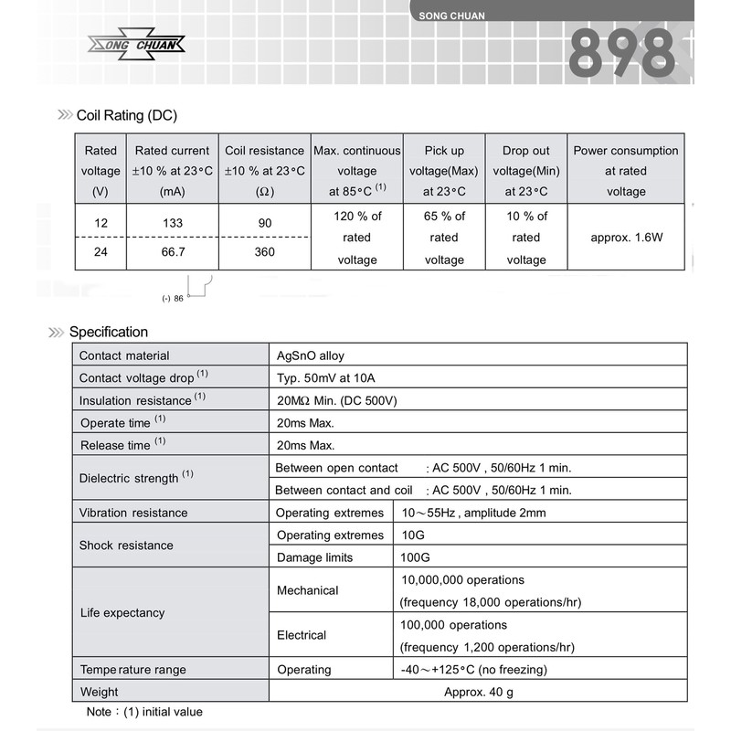 Song Chuan 898H-1CH-D1SW-R1 12VDC Automotive Relay, 50A, 12VDC, Form 1C,