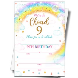 YSTEP Rainbow Cloud 9th Birthday Party Invitations, 20 Invite Cards with Envelopes, 4" x 6" Glitter Sprinkles Birthday Invites - C04