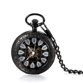 JewelryWe Retro Hand Winding Mechanical Pocket Watch Vintage Floral Pattern Roman Numerals Watch Pocket Watches with Chain and Gift Box, Black/Silver, 2 pieces (black/silver) flowers Roman numerals,