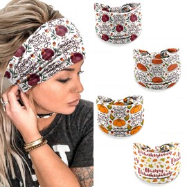 4 Pack Thanksgiving Headbands for Women – Wide Stretchy Turban Hair Bands Pumpkin Turkey Maple Leaf Prints, Soft Non-Slip Fall Head Wraps for Yoga Makeup Daily Wear Holiday Party