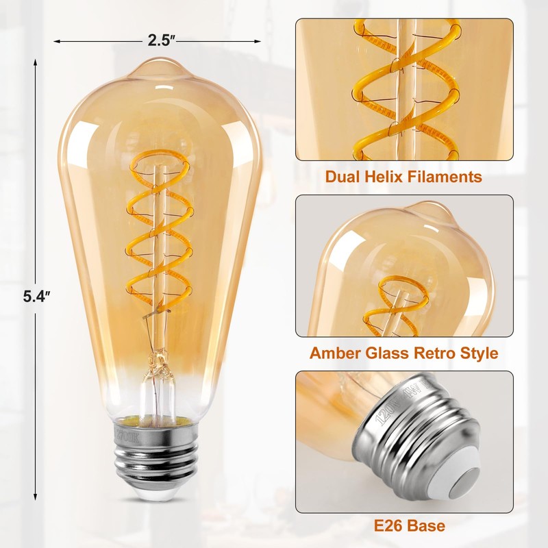 Decoaui ST64 LED E26 Vintage Edison Light Bulbs, Amber Glass,